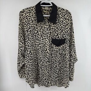 Vintage Jordan Leopard Print Button Down Blouse Black Contrast Collar Size 9/10